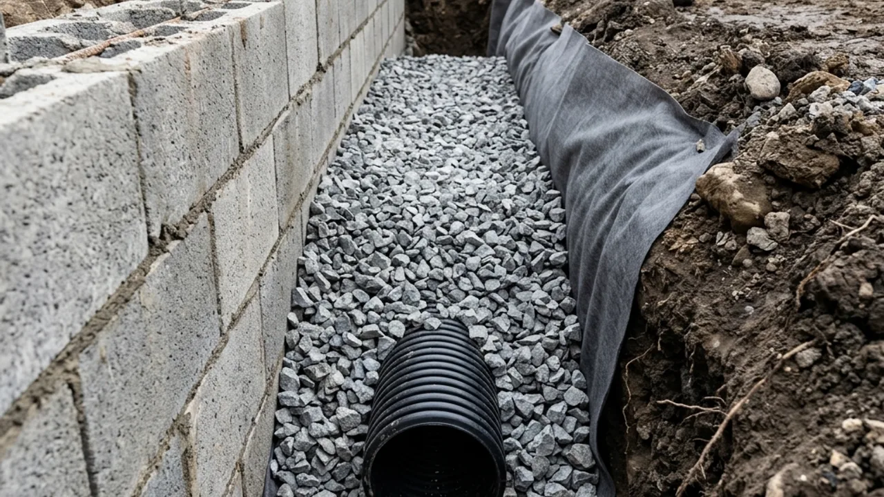 Construction detail of agricultural drainage pipe, gravel backfill and geotextile fabric behind a partially built retaining wall